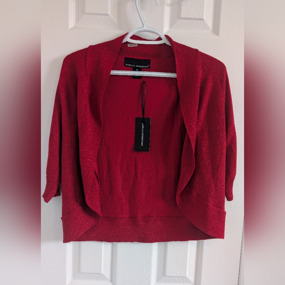 NWT Isabella Rodriguez 95% Cotton Red Shimmer Open-Front Bolero Cardigan  Size M